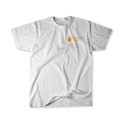 White shirt with orange El Fuego Sports flame logo on front left chest.