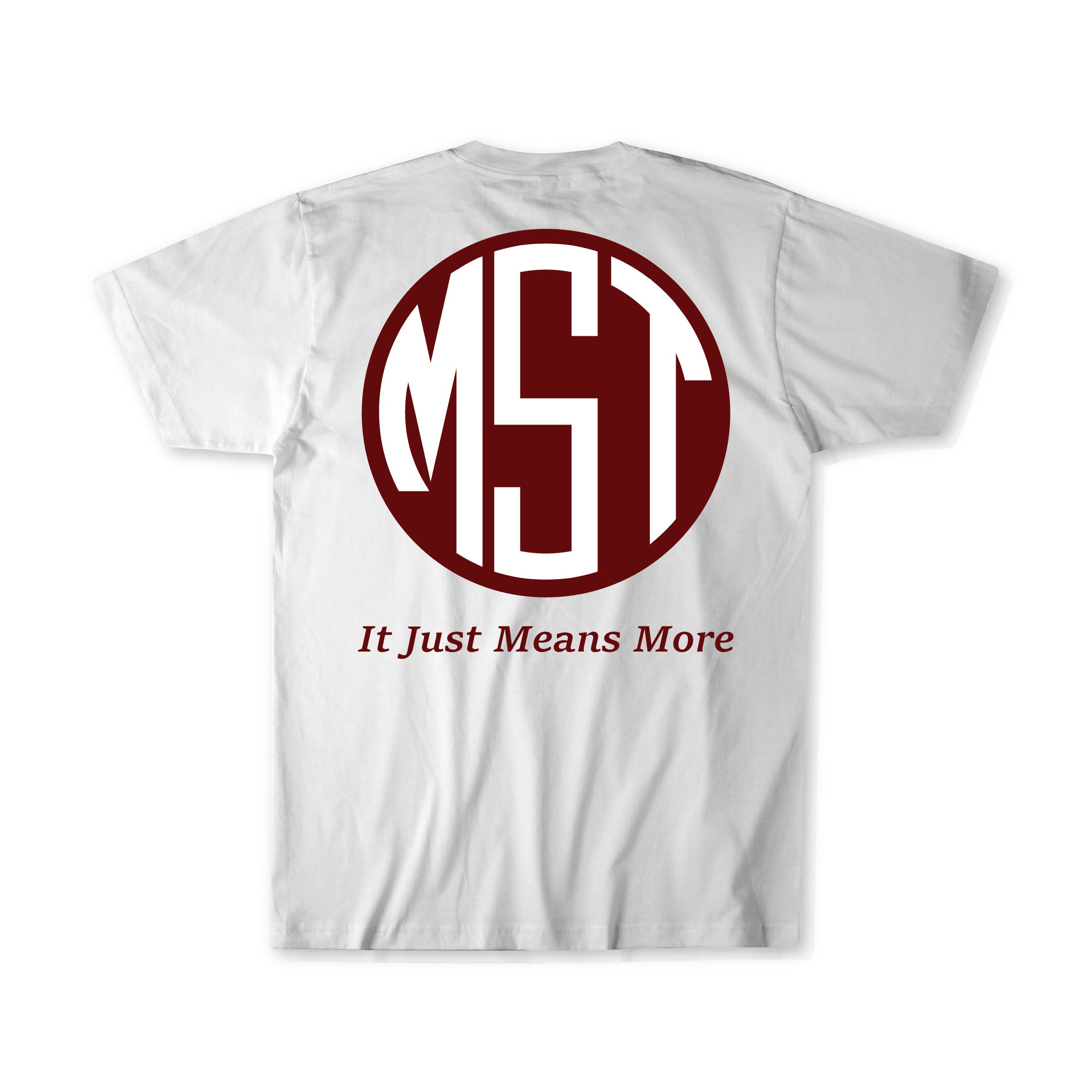 Round maroon logo "MST" for Mississippi State in the style of the SEC football logo.