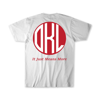 "OKL" in a circular pattern to mimic the SEC football logo, on a white shirt.