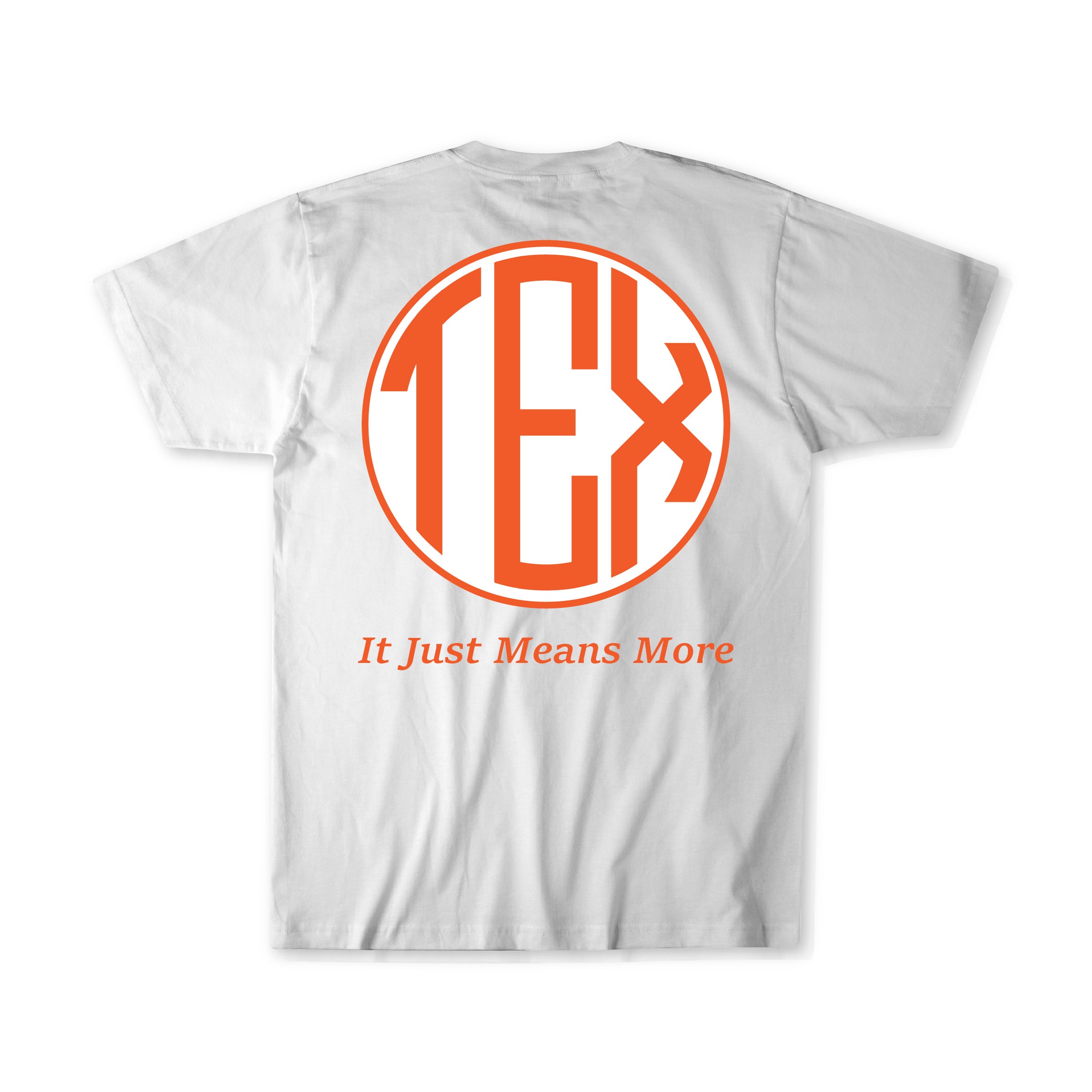 White shirt with "TEX" in a round, monogram initials graphic, mimicking the SEC football logo.